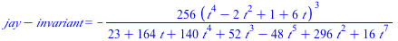 `+`(jay, `-`(invariant)) = `+`(`-`(`/`(`*`(256, `*`(`^`(`+`(`*`(`^`(t, 4)), `-`(`*`(2, `*`(`^`(t, 2)))), 1, `*`(6, `*`(t))), 3))), `*`(`+`(23, `*`(164, `*`(t)), `*`(140, `*`(`^`(t, 4))), `*`(52, `*`(`...