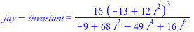 `+`(jay, `-`(invariant)) = `+`(`/`(`*`(16, `*`(`^`(`+`(`-`(13), `*`(12, `*`(`^`(t, 2)))), 3))), `*`(`+`(`-`(9), `*`(68, `*`(`^`(t, 2))), `-`(`*`(49, `*`(`^`(t, 4)))), `*`(16, `*`(`^`(t, 6)))))))