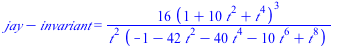 `+`(jay, `-`(invariant)) = `+`(`/`(`*`(16, `*`(`^`(`+`(1, `*`(10, `*`(`^`(t, 2))), `*`(`^`(t, 4))), 3))), `*`(`^`(t, 2), `*`(`+`(`-`(1), `-`(`*`(42, `*`(`^`(t, 2)))), `-`(`*`(40, `*`(`^`(t, 4)))), `-`...