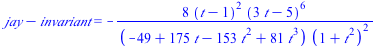 `+`(jay, `-`(invariant)) = `+`(`-`(`/`(`*`(8, `*`(`^`(`+`(t, `-`(1)), 2), `*`(`^`(`+`(`*`(3, `*`(t)), `-`(5)), 6)))), `*`(`+`(`-`(49), `*`(175, `*`(t)), `-`(`*`(153, `*`(`^`(t, 2)))), `*`(81, `*`(`^`(...