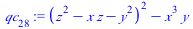 `:=`(qc[28], `+`(`*`(`^`(`+`(`*`(`^`(z, 2)), `-`(`*`(x, `*`(z))), `-`(`*`(`^`(y, 2)))), 2)), `-`(`*`(`^`(x, 3), `*`(y)))))