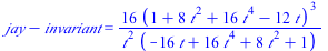 `+`(jay, `-`(invariant)) = `+`(`/`(`*`(16, `*`(`^`(`+`(1, `*`(8, `*`(`^`(t, 2))), `*`(16, `*`(`^`(t, 4))), `-`(`*`(12, `*`(t)))), 3))), `*`(`^`(t, 2), `*`(`+`(`-`(`*`(16, `*`(t))), `*`(16, `*`(`^`(t, ...