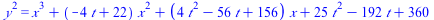 `*`(`^`(y, 2)) = `+`(`*`(`^`(x, 3)), `*`(`+`(`-`(`*`(4, `*`(t))), 22), `*`(`^`(x, 2))), `*`(`+`(`*`(4, `*`(`^`(t, 2))), `-`(`*`(56, `*`(t))), 156), `*`(x)), `*`(25, `*`(`^`(t, 2))), `-`(`*`(192, `*`(t...