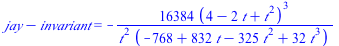 `+`(jay, `-`(invariant)) = `+`(`-`(`/`(`*`(16384, `*`(`^`(`+`(4, `-`(`*`(2, `*`(t))), `*`(`^`(t, 2))), 3))), `*`(`^`(t, 2), `*`(`+`(`-`(768), `*`(832, `*`(t)), `-`(`*`(325, `*`(`^`(t, 2)))), `*`(32, `...