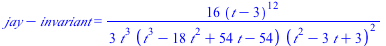 `+`(jay, `-`(invariant)) = `+`(`/`(`*`(16, `*`(`^`(`+`(t, `-`(3)), 12))), `*`(3, `*`(`^`(t, 3), `*`(`+`(`*`(`^`(t, 3)), `-`(`*`(18, `*`(`^`(t, 2)))), `*`(54, `*`(t)), `-`(54)), `*`(`^`(`+`(`*`(`^`(t, ...