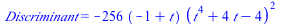 Discriminant = `+`(`-`(`*`(256, `*`(`+`(`-`(1), t), `*`(`^`(`+`(`*`(`^`(t, 4)), `*`(4, `*`(t)), `-`(4)), 2))))))